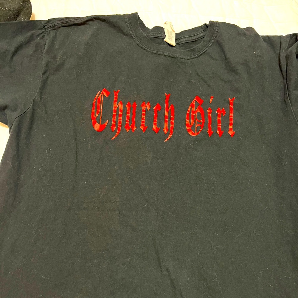Women’s black tee. 2x Church Girl in Old English